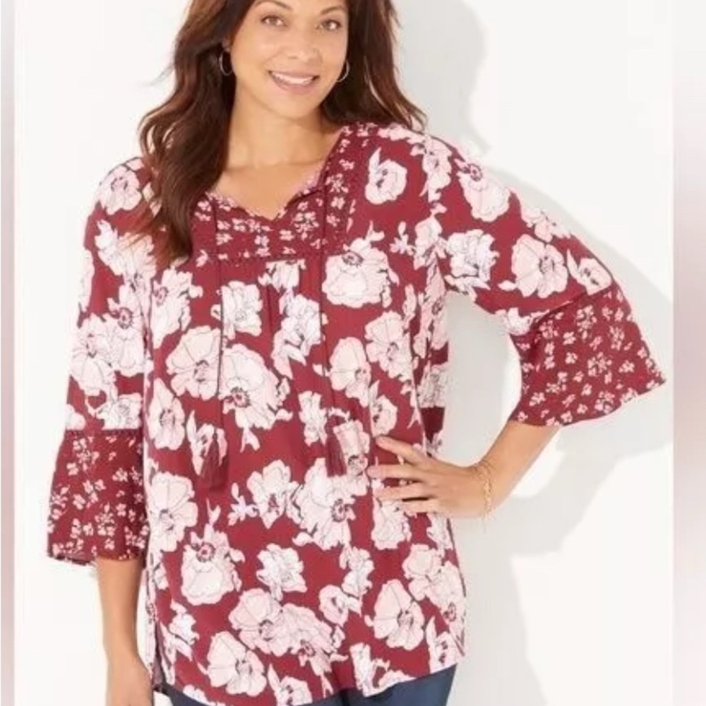 Catherines 3X Top Floral 3/4 Bell Sleeves Maroon white boho